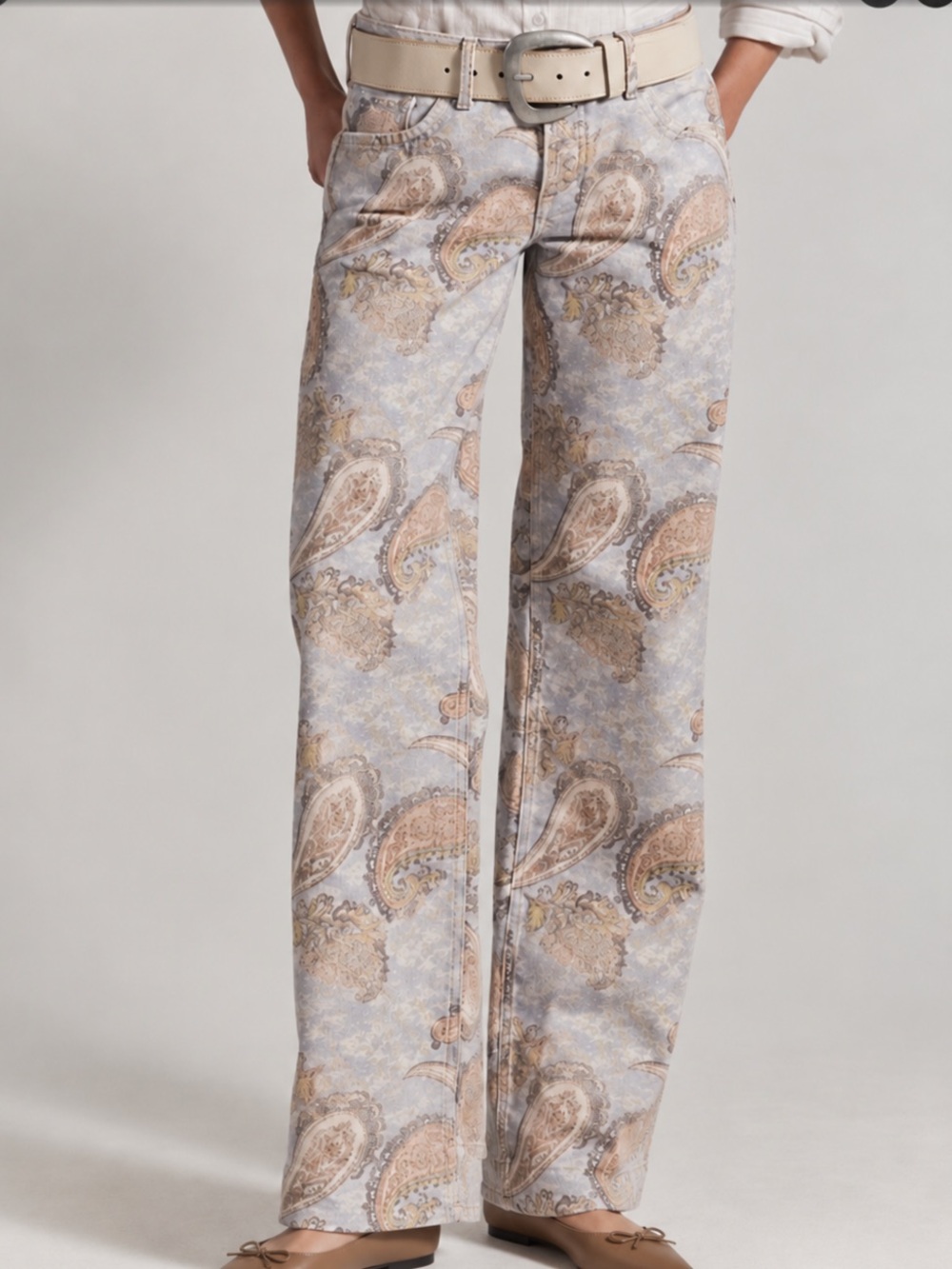 Free People Women's Straight-Leg Paisley Jeans in Light Gray and Beige